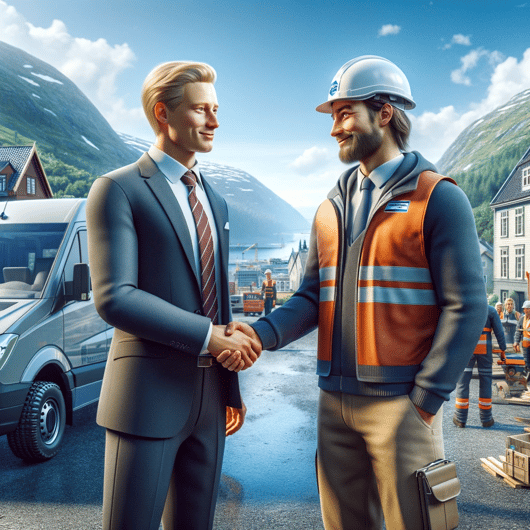DALL·E 2024-01-11 18.57.39 - A realistic 2D illustration of two Norwegian individuals, one in a suit and one in work clothes, making a business agreement in front of a van at a co
