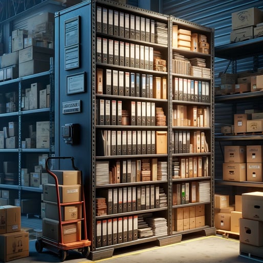 DALL·E 2024-05-03 18.39.20 - A detailed illustration of a small warehouse setting with a large bookshelf filled with binders and papers. The bookshelf is organized yet fully stock
