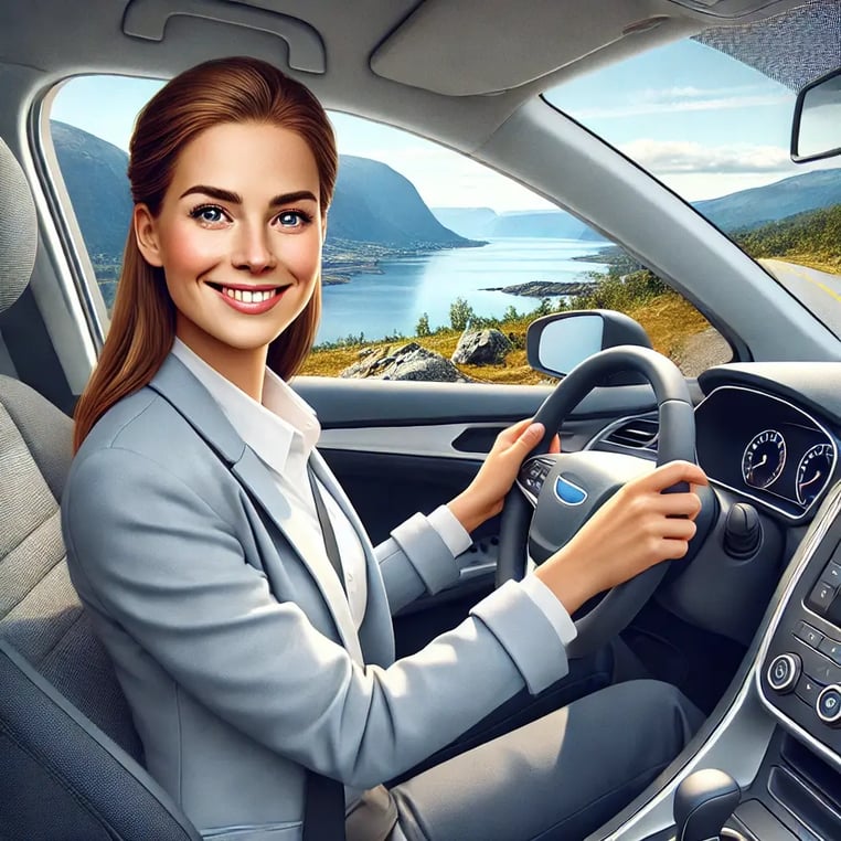 DALL·E 2024-06-19 13.33.36 - A realistic illustration of the woman from the provided photo, driving a personbil (car) for work. She is smiling towards the camera while in a modern